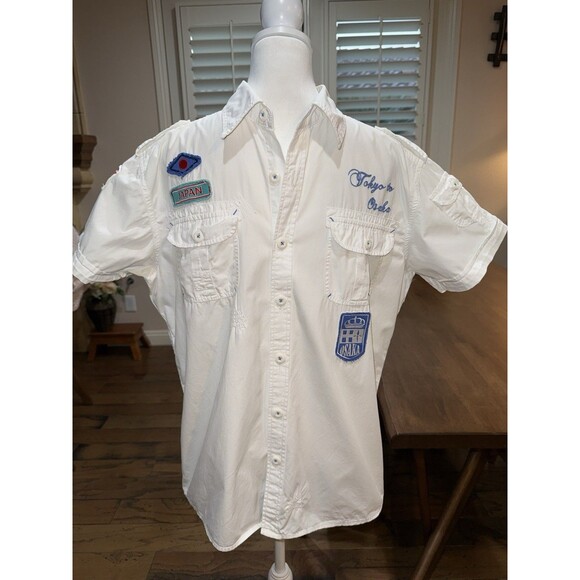 Henry Choice Blue Jeans White Short Sleeve Shirt L Tokyo Osaka Japan Patches - Picture 1 of 14